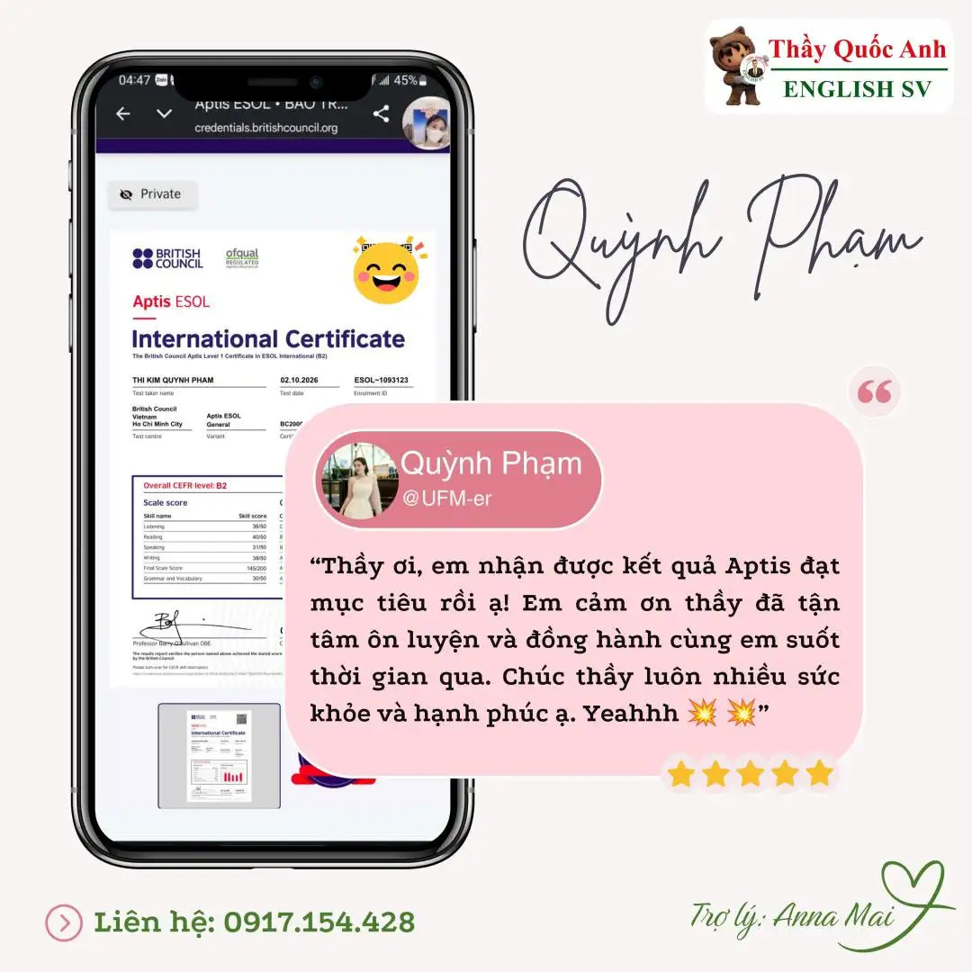 Kinh nghiệm thi Aptis B2 145đ từ bạn Quỳnh Phạm