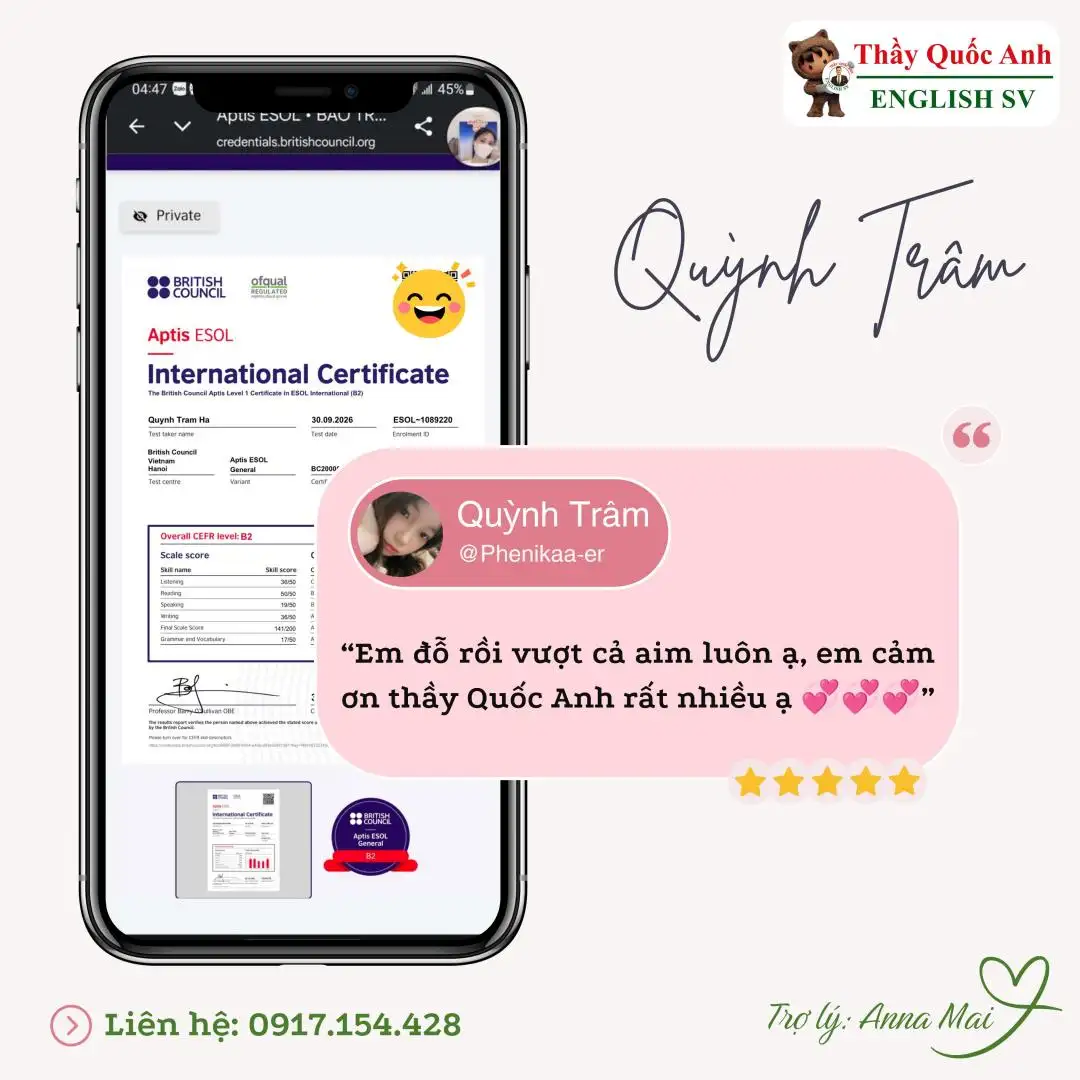 Kinh nghiệm thi Aptis B2 141đ từ bạn Quỳnh Trâm