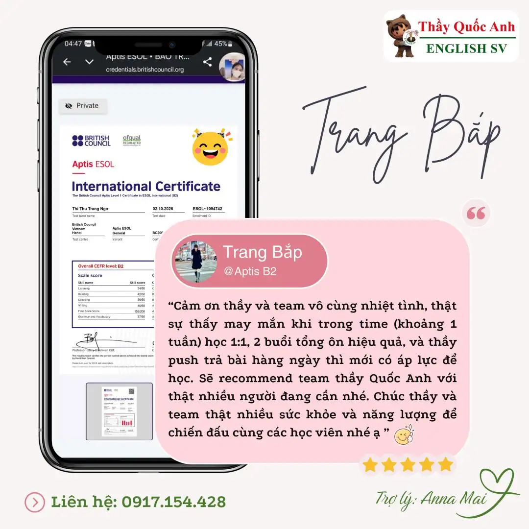 Kinh nghiệm thi Aptis B2 152đ từ bạn Trang Bắp