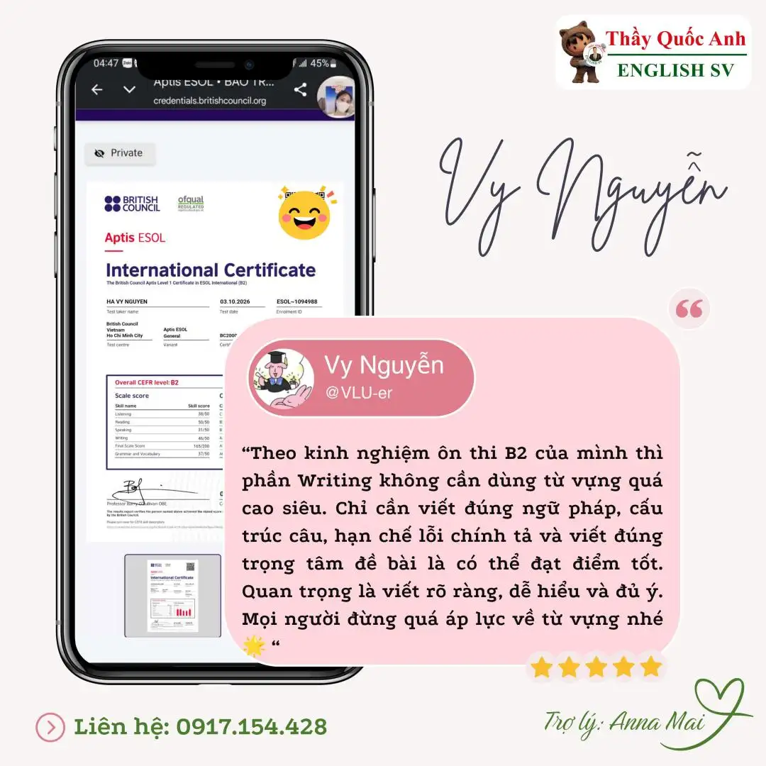 Kinh nghiệm thi Aptis B2 165đ từ bạn Nguyễn Vy